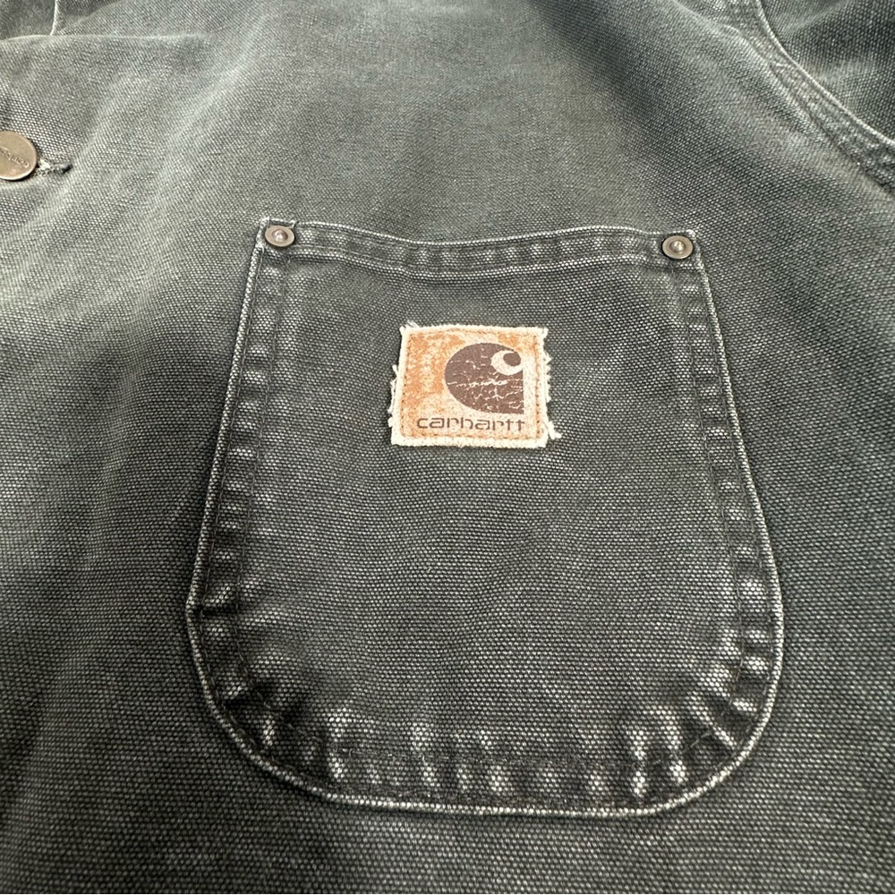 Vintage Carhartt Green Chore Jacket Blanket Lined Workwear Coat Brown Collar XL - Picture 13 of 16